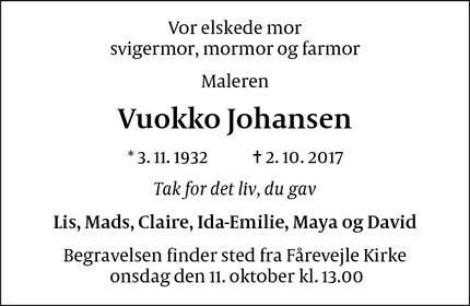 Dødsannoncen for Vuokko Johansen - Fårevejle