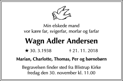 Dødsannoncen for Wagn Adler Andersen - Udsholt
