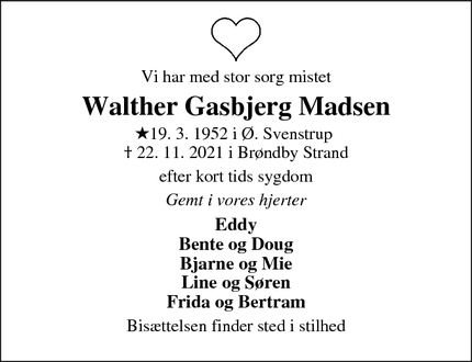 Dødsannoncen for Walther Gasbjerg Madsen - Brøndby strand