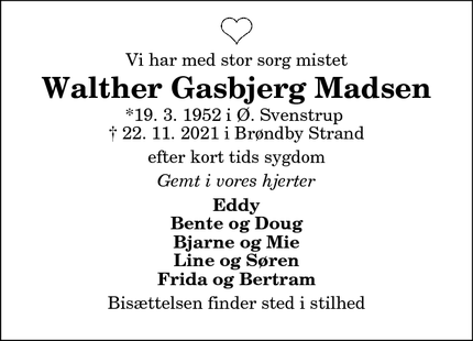 Dødsannoncen for Walther Gasbjerg Madsen - Brøndby strand