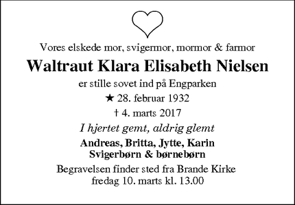 Dødsannoncen for Waltraut Klara Elisabeth Nielsen  - Brande