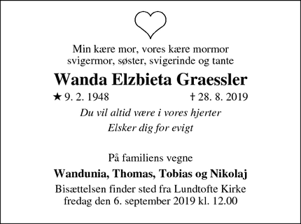 Dødsannoncen for Wanda Elzbieta Graessler - Søborg/Buddinge