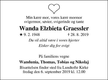 Dødsannoncen for Wanda Elzbieta Graessler - Søborg/Buddinge