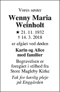 Dødsannoncen for Wenny Maria Weinholt - Dragør