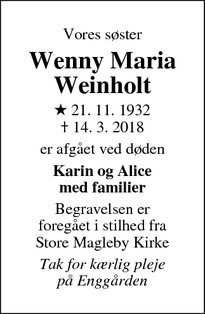 Dødsannoncen for Wenny Maria Weinholt - Dragør