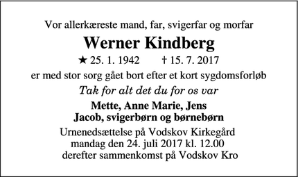 Dødsannoncen for Werner Kindberg - Vestbjerg