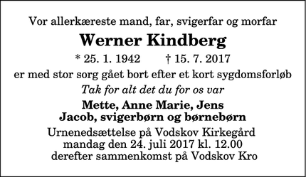 Dødsannoncen for Werner Kindberg - Vestbjerg