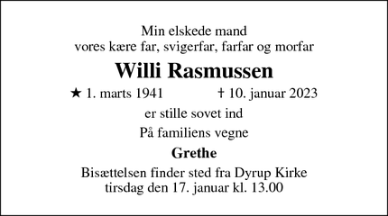 Dødsannoncen for Willi Rasmussen - Odense 