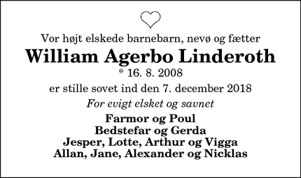 Dødsannoncen for William Agerbo Linderoth - Nykøbing Mors