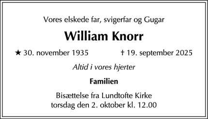 Dødsannoncen for William Knorr - Næstved
