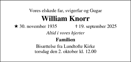 Dødsannoncen for William Knorr - Næstved