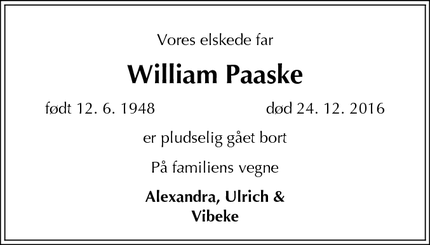 Dødsannoncen for William Paaske - Frederiksberg