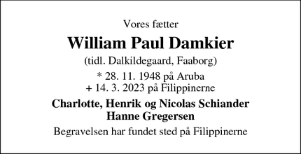 Dødsannoncen for William Paul Damkier - Paniqui, Tarlac, Flippinerne