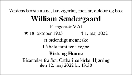 Dødsannoncen for William Søndergaard - Hjørring