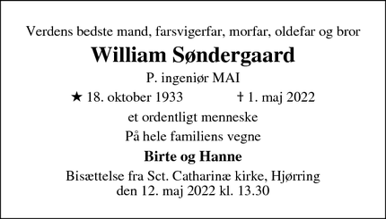 Dødsannoncen for William Søndergaard - Hjørring