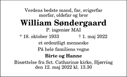 Dødsannoncen for William Søndergaard - Hjørring