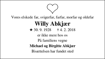 Dødsannoncen for Willy Abkjær - Frederiksværk