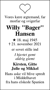 Dødsannoncen for Willy "Bager"
Hansen - Dragør