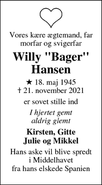 Dødsannoncen for Willy "Bager"
Hansen - Dragør