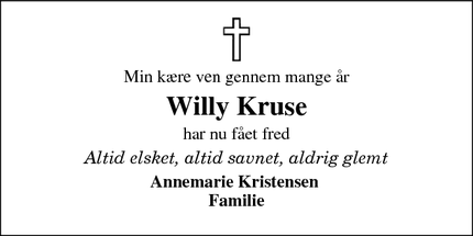 Dødsannoncen for Willy Kruse - Svendborg