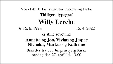 Dødsannoncen for Willy Lerche - Jyllinge