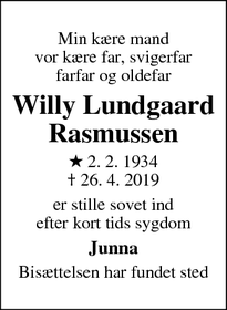 Dødsannoncen for Willy Lundgaard Rasmussen - Stouby