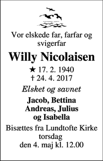 Dødsannoncen for Willy Nicolaisen - Virum