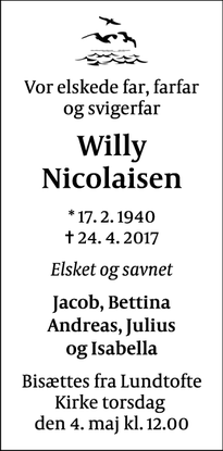 Dødsannoncen for Willy Nicolaisen - Virum