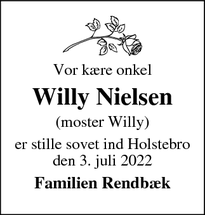 Dødsannoncen for Willy Nielsen - Aulum