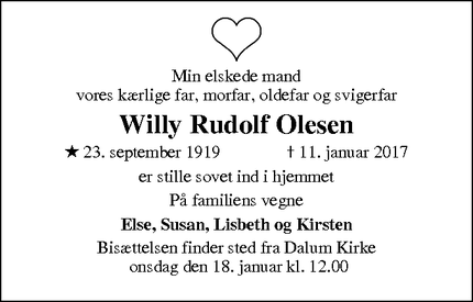 Dødsannoncen for Willy Rudolf Olesen - Odense