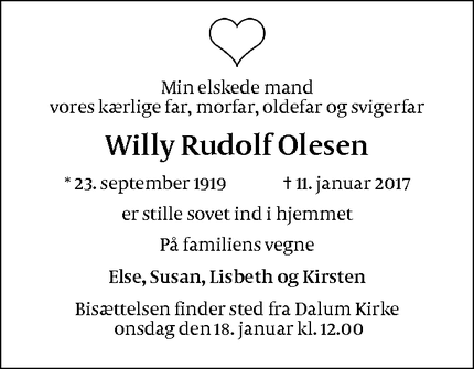 Dødsannoncen for Willy Rudolf Olesen - Odense