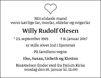 Dødsannoncen for Willy Rudolf Olesen - Odense
