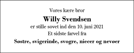 Dødsannoncen for Willy Svendsen - Herning