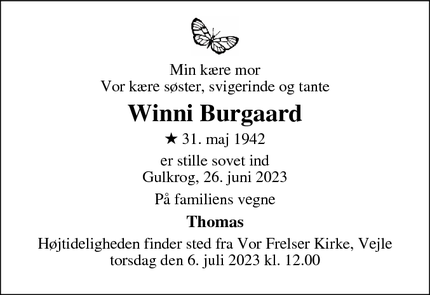 Dødsannoncen for Winni Burgaard - Vejle