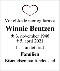 Dødsannoncen for Winnie Bentzen - Viby J.