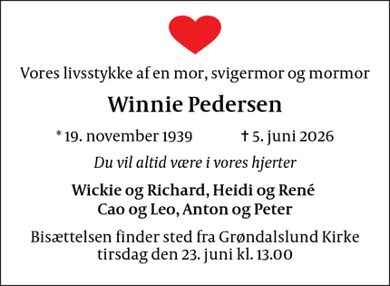 Dødsannoncen for Winnie Pedersen - Rødovre