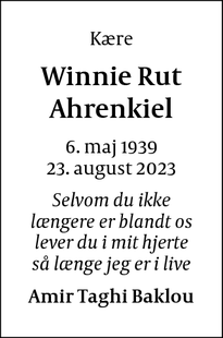 Dødsannoncen for Winnie Rut
Ahrenkiel - Frederiksberg 