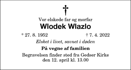 Dødsannoncen for Wlodek Wlazlo - Gedser
