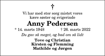 Dødsannoncen for Anny Pedersen - Saltum