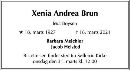 Dødsannoncen for Xenia Andrea Brun - Vedbæk