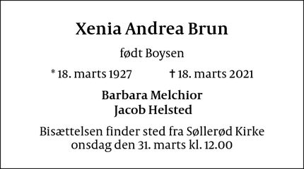 Dødsannoncen for Xenia Andrea Brun - Vedbæk