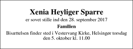 Dødsannoncen for Xenia Heyliger Sparre - Helsingør 