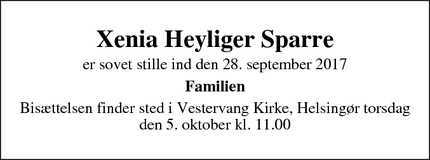 Dødsannoncen for Xenia Heyliger Sparre - Helsingør