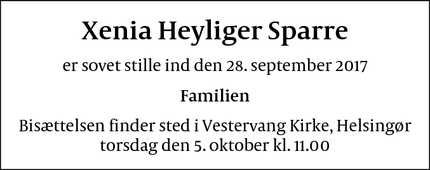 Dødsannoncen for Xenia Heyliger Sparre - Helsingør 