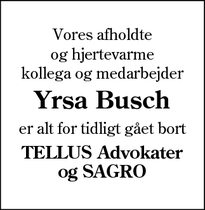 Dødsannoncen for Yrsa Busch - Egtved