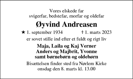 Dødsannoncen for Øyvind Andreasen - Nørlem