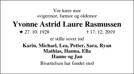 Dødsannoncen for Yvonne Astrid Laure Rasmussen - Hillerød