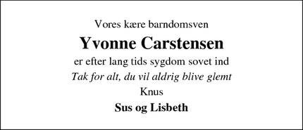 Dødsannoncen for Yvonne Carstensen - Silkeborg