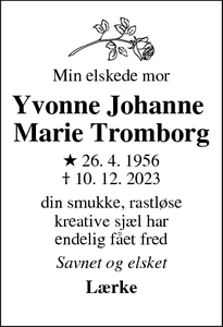 Dødsannoncen for Yvonne Johanne 
Marie Tromborg - Køge