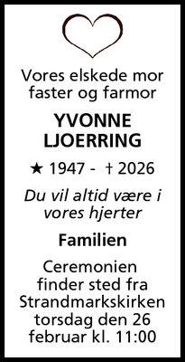 Dødsannoncen for Yvonne Ljoerring - Hvidovre